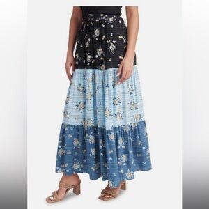 Floral Patchwork Maxi Skirt - Black and Blue